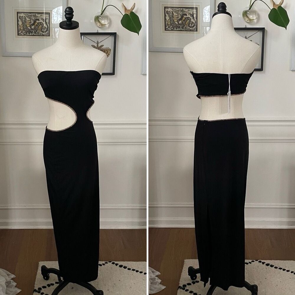 NWT Saints & Secrets Dress Gown Cut Out Strapless Black Copper Bling M
